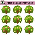 Find same pictures with cartoon tree, apples, pears.