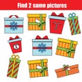 Find the same pictures children educational game. Christmas, winter holidays theme.