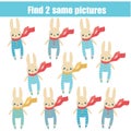 Find the same pictures children educational game. Find two identical rabbits