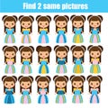 Find the same pictures children educational game. Find pairs of cute princess