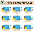 Find same pictures.Chocolate sweets, lemon sweets, tea cups. Royalty Free Stock Photo