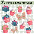 Find same pictures with cupcakes, butterflies, gifts, flowers.