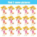 Find the same pictures educational game. Summertime theme activity for children and kids