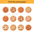 Find same pizza. Worksheet for kids kindergarten, preschool and school age