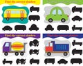Find shadow of different transport, set of educational games for kids. Vector illustration