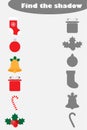 Find the shadow game with christmas pictures for children, education matching game for kids, preschool worksheet activity, task fo