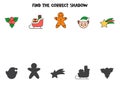 Find shadows of Christmas pictures. Educational logical game.