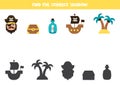 Find the correct shadows of pirate elements. Logical puzzle for kids.