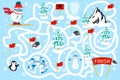 Find the shortest way to Finish. Color maze or labyrinth game for preschool children. Puzzle. Tangled road. Cute snow yeti skiing