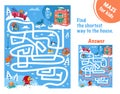 Find the shortest way to the house. Maze game for kids. Full color hand drawing vector illustration.