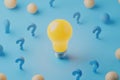 Find Solution and Idea, Bright Light Bulb and Question Marks Concept Royalty Free Stock Photo