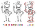 Find ten differences educational game for kids with robot. Vector learning activity for children