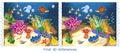 Find ten differences. Game for children with ecosystem of coral reef with different marine inhabitants
