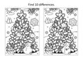 Find the ten differences picture puzzle and coloring page with christmas tree, cheerful snowman, gift box.