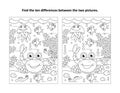 Find ten differences picture puzzle and coloring page, crab, sea life, black and white