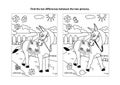 Find the differences visual puzzle and coloring page with walking donkey