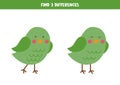 Find three differences between two green birds.