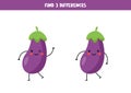 Find three differences between two pictures of cute kawaii eggplants