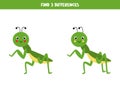 Find 3 differences between two cute praying mantises.