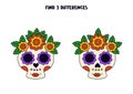 Find three differences between two skulls with flowers