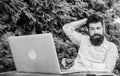 Find topic write. Online mass media worker. Write article for online magazine. Bearded hipster laptop surfing internet
