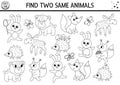 Find two same animals. Forest black and white matching activity. Funny woodland educational outline quiz worksheet or coloring