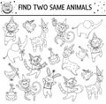 Find two same animals. Holiday black and white matching activity for children. Funny educational outline Birthday logical quiz