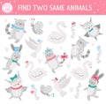 Find two same animals. Holiday matching activity for children. Funny educational Saint Valentine day logical quiz worksheet for