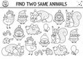 Find two same animals. Thanksgiving black and white matching activity for children. Funny line autumn quiz worksheet for kids for