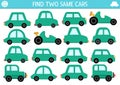 Find two same cars. Transportation matching activity for children. City transport educational quiz worksheet for kids for
