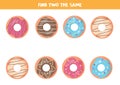 Find two the same cartoon donuts. Logical game for children