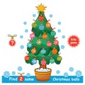 Find same Christmas ball tree toy education children game. Kids logic puzzle. Search identical New year decoration vector