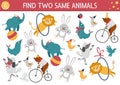 Find two same circus animals. Matching activity for children. Amusement show educational quiz worksheet for kids for attention