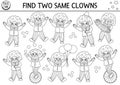 Find two same clowns. Circus black and white matching activity for children. Amusement show educational line quiz worksheet for
