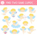 Find two same cupids. Holiday matching activity for children. Funny educational Saint Valentine day logical quiz worksheet for