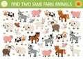 Find two same farm animals. On the farm matching activity for children. Rural village educational quiz worksheet for kids for