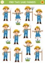 Find two same farmers. On the farm matching activity for children. Rural village educational quiz worksheet for kids for attention