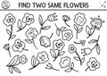 Find two same flowers. Mothers day black and white matching activity for children. Funny spring line logical quiz worksheet for