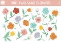 Find two same flowers. Mothers day matching activity for children. Funny spring educational logical quiz worksheet for kids.