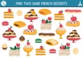 Find two same French desserts. Traditional pastry matching activity for children. France educational quiz worksheet for kids for
