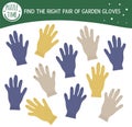 Find two same gloves. Garden or farm themed matching activity for preschool children with cute protective gardening glove. Funny