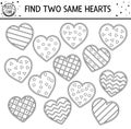 Find two same hearts. Holiday black and white matching activity for children. Funny educational Saint Valentine day logical quiz