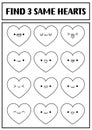 Find two same hearts. Saint Valentine kawaii black and white matching activity for children. Love holiday educational line quiz