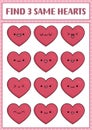 Find two same hearts. Saint Valentine kawaii matching activity for children. Love holiday educational quiz worksheet for kids for