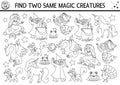 Find two same magic creatures. Black and white fairytale matching activity for children. Fantasy kingdom quiz worksheet or