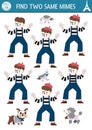 Find two same mimes. Matching activity for children with French traditional street artist in beret and animals. France educational