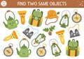 Find two same objects. Camping matching activity for children. Funny worksheet for kids with smiling kawaii backpack, compass,
