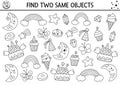 Find two same objects coloring page. Magic world matching activity for unicorn themed party. Fantasy or fairytale line educational