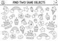 Find two same objects coloring page. Magic world matching activity for unicorn themed party. Fantasy or fairytale line educational