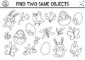 Find two same objects. Easter black and white matching activity for children. Funny spring educational logical quiz worksheet for